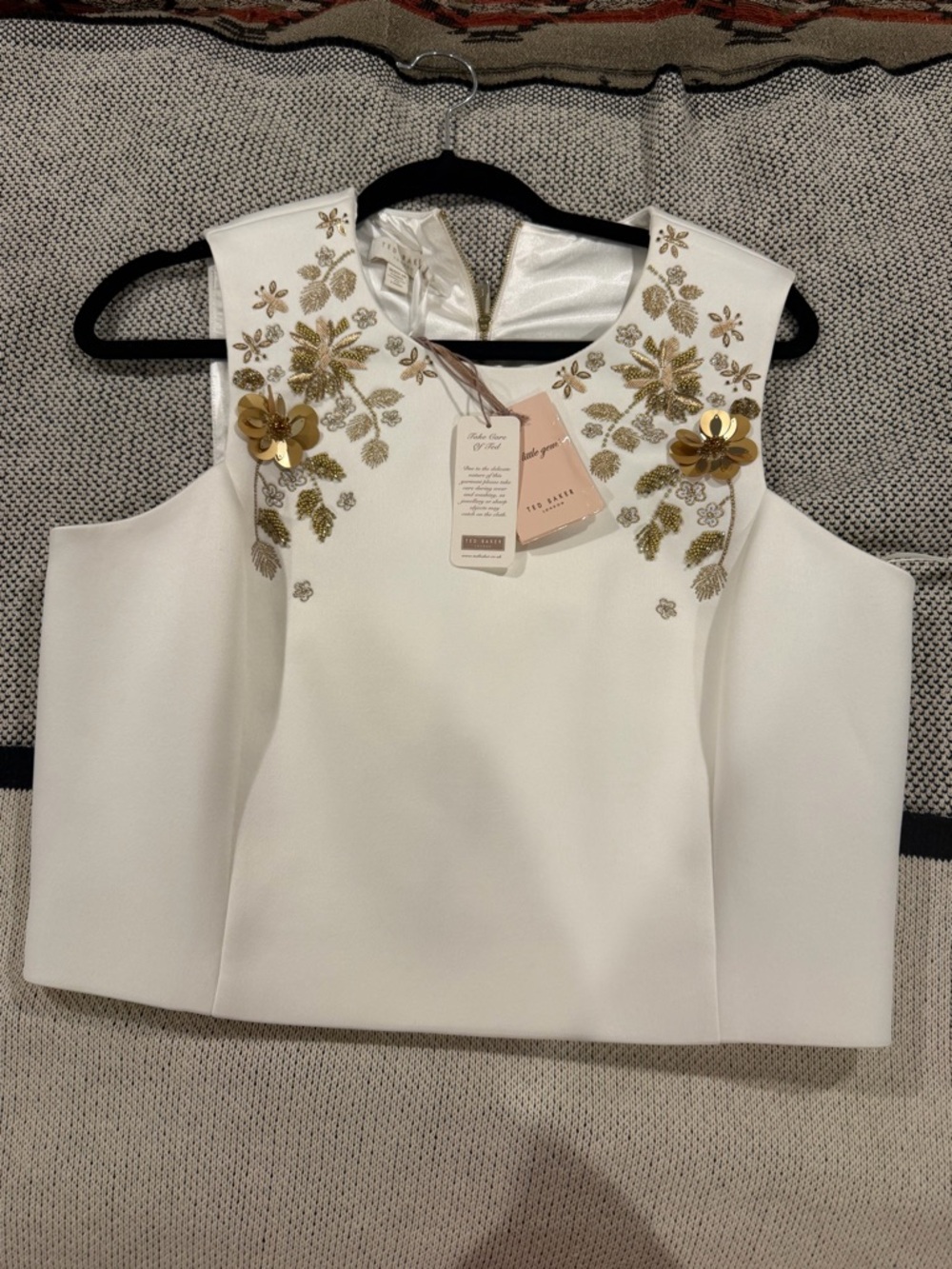 Ted Baker White Cropped Shell Top with Gold Floral Embellishment